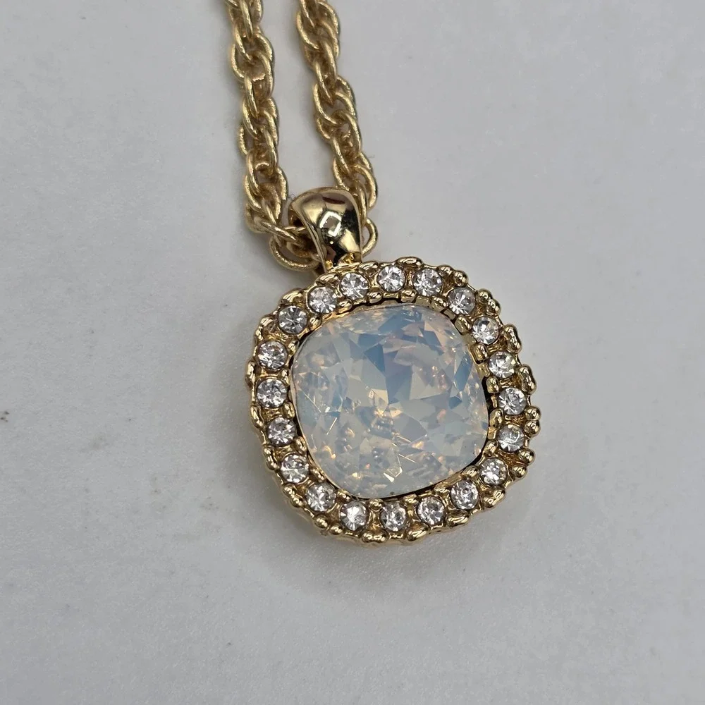 Charter Club Gold Tone Cushion Opal Glass Crystal Halo Pendant Rope Necklace